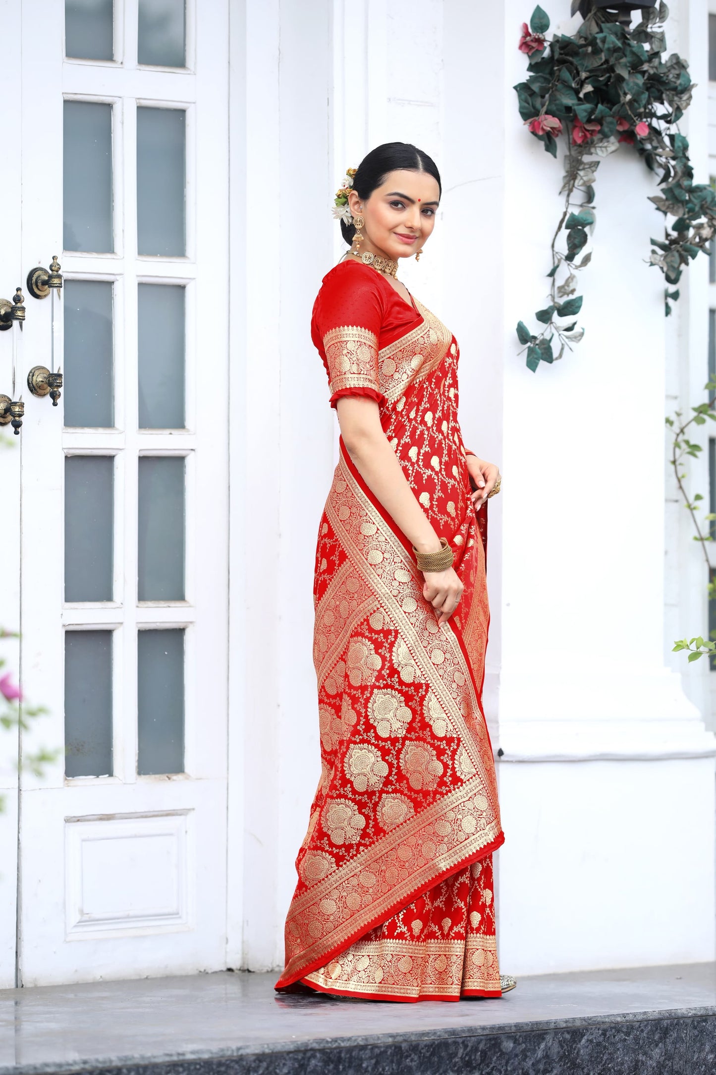 Glimmering Satin Silk Red Color Saree