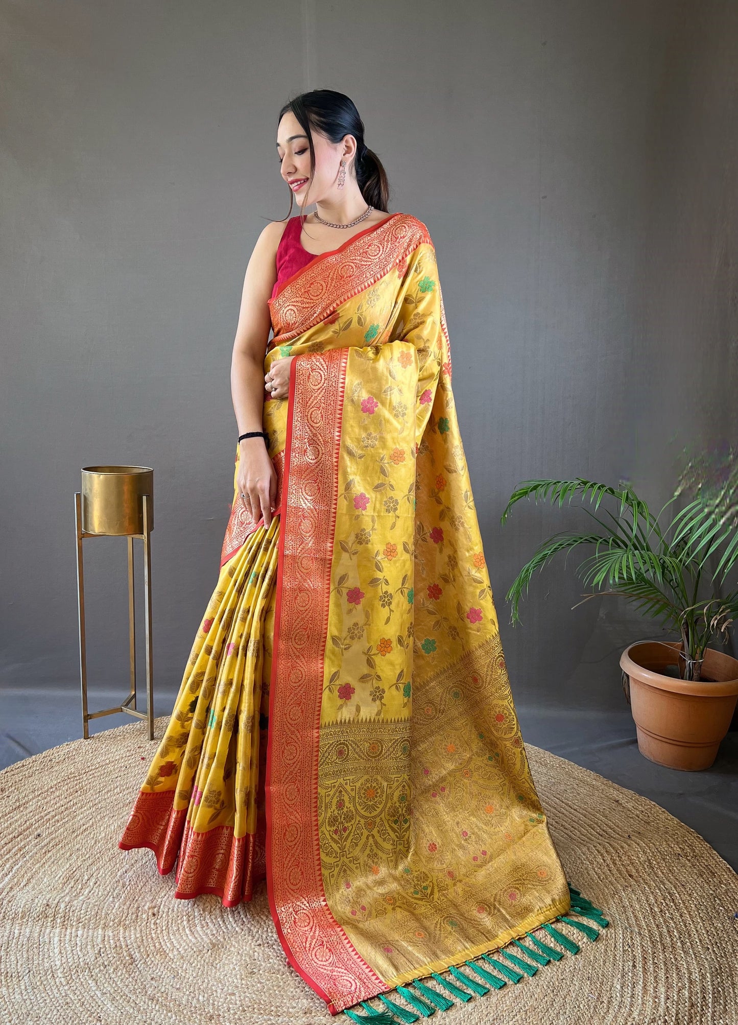 Classic Organza Tissue Silk Yellow Color Saree