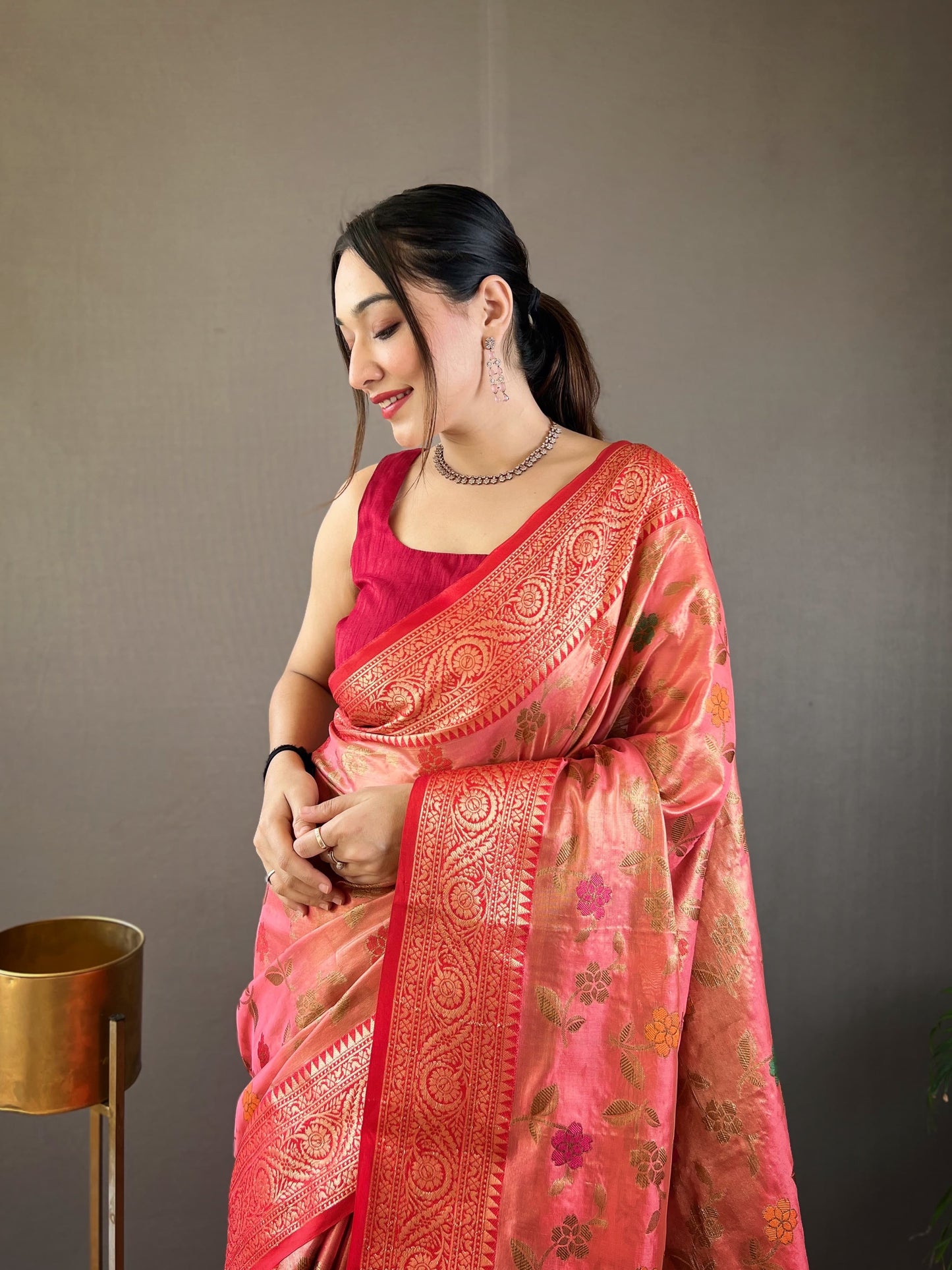 Classic Organza Tissue Silk Pink Color Saree