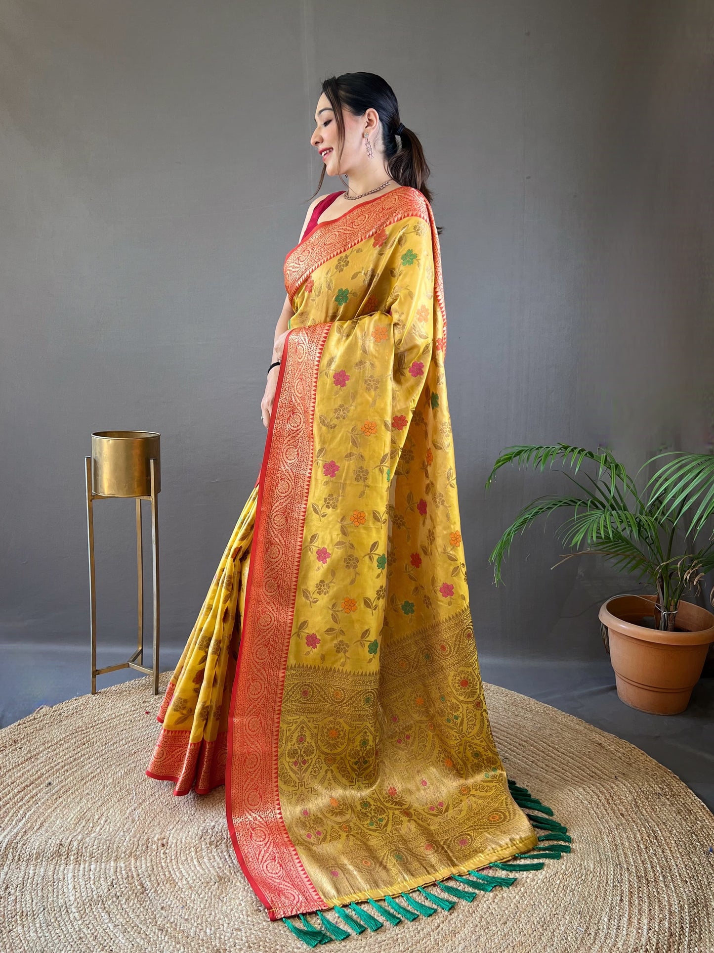 Classic Organza Tissue Silk Yellow Color Saree