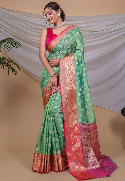 Fabulous Jecquard Green Color Saree