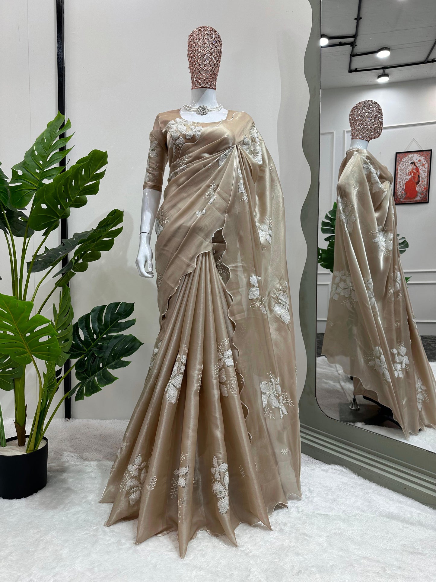 Admiring Jimmy Chu Sequence Beige Color Saree