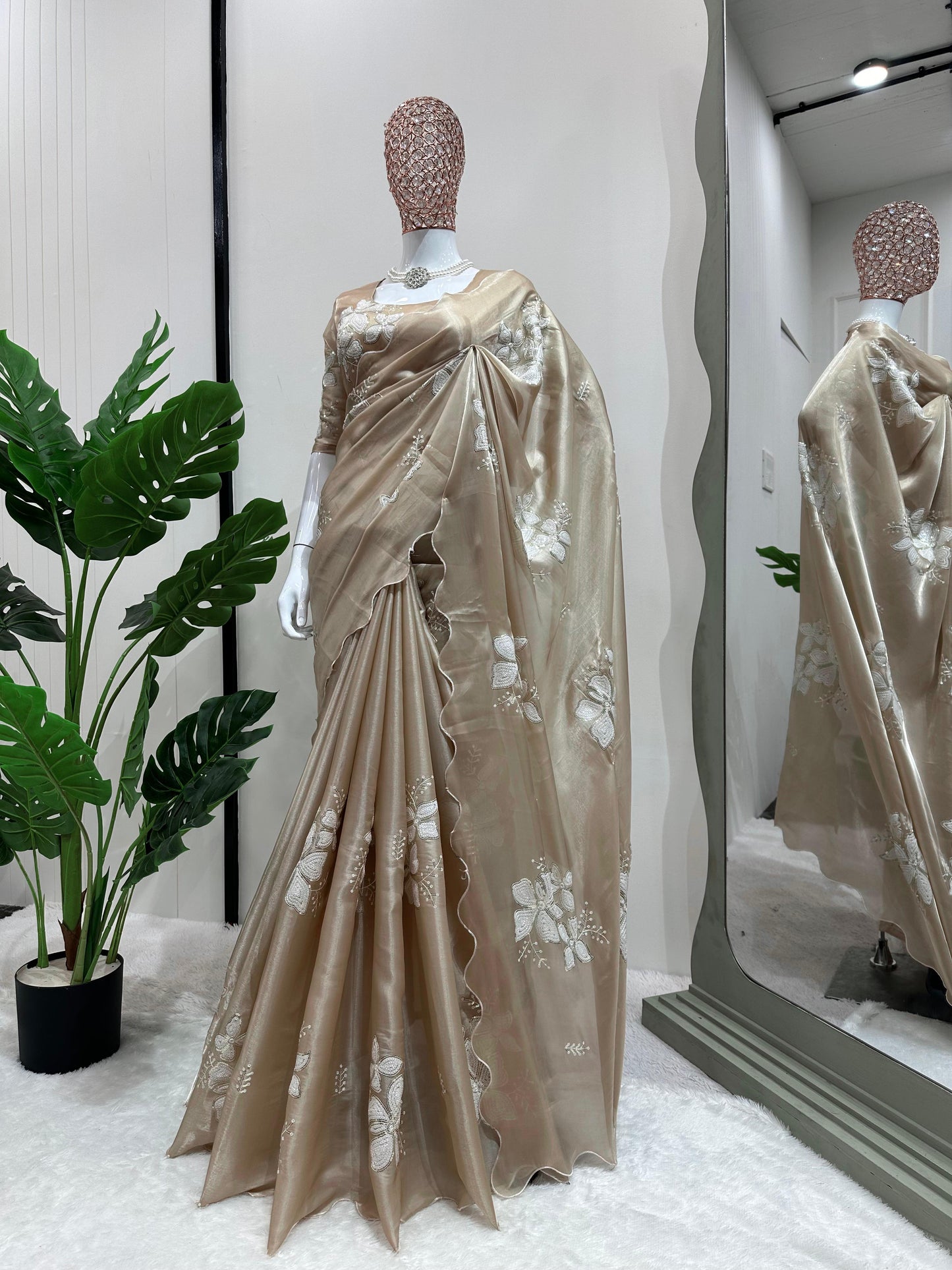 Admiring Jimmy Chu Sequence Beige Color Saree