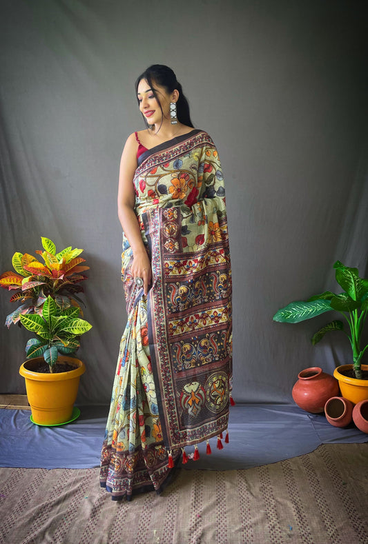 Imposing Digital Printe Cotton Pista Color Saree