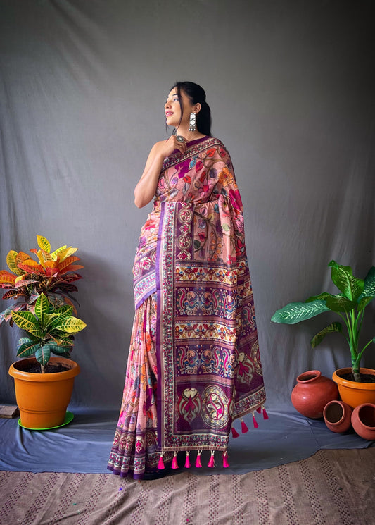 Imposing Digital Printe Cotton Pink Color Saree