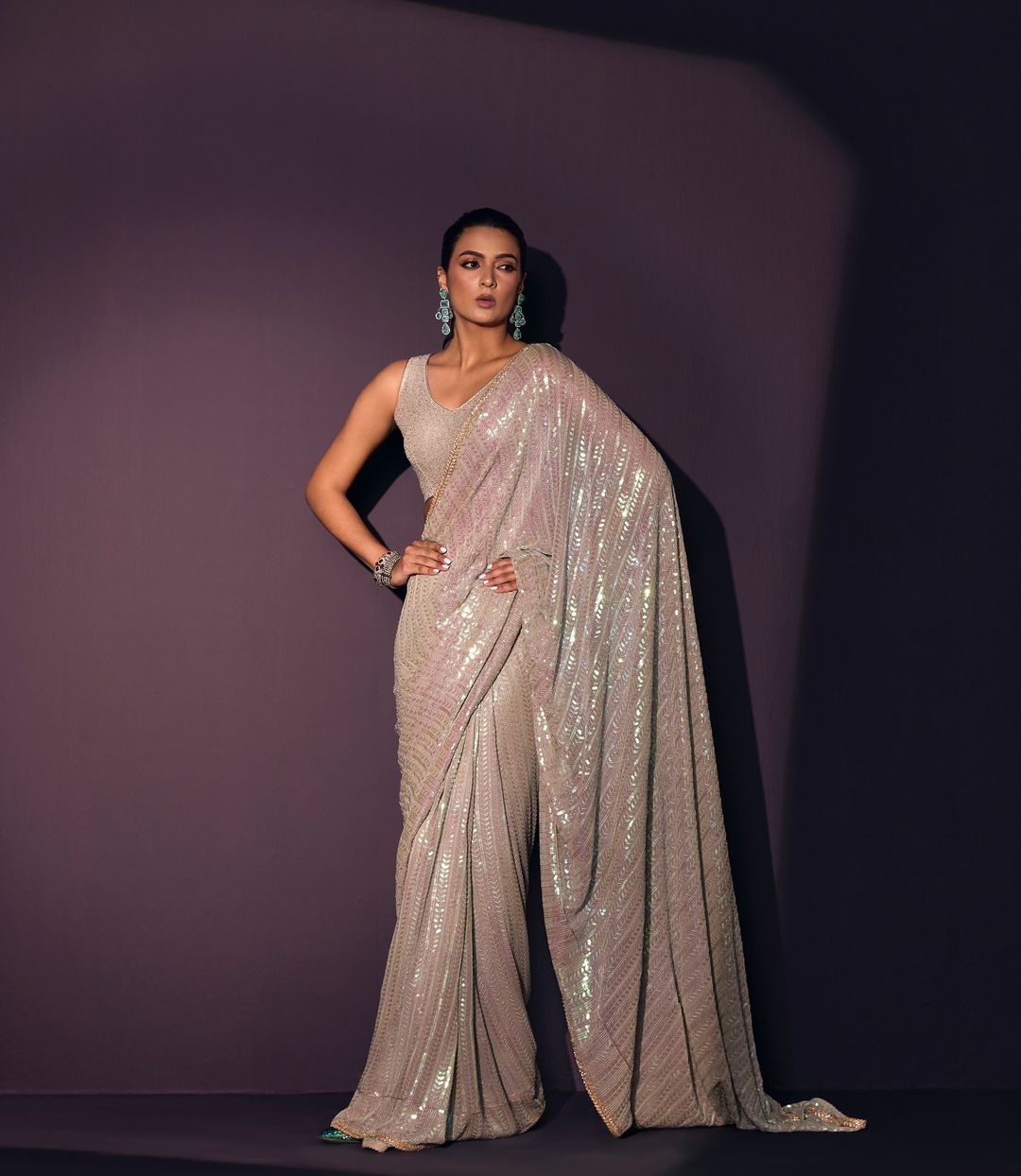 A Party Wear 60 Gram Georgette Silver Color Saree