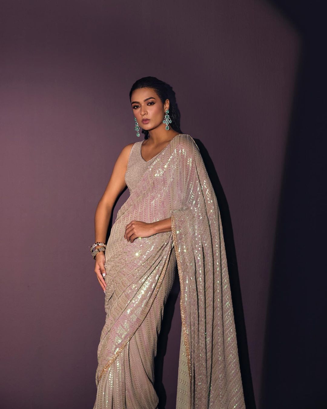 A Party Wear 60 Gram Georgette Silver Color Saree