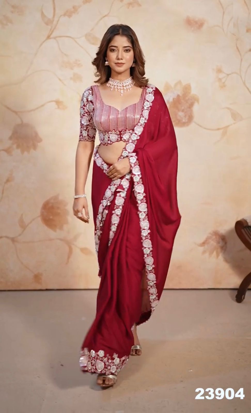 Awesome Satin Chiffon Red Color Saree