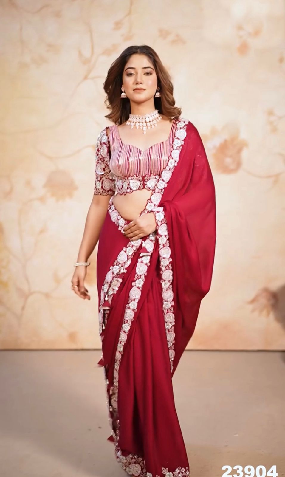 Awesome Satin Chiffon Red Color Saree