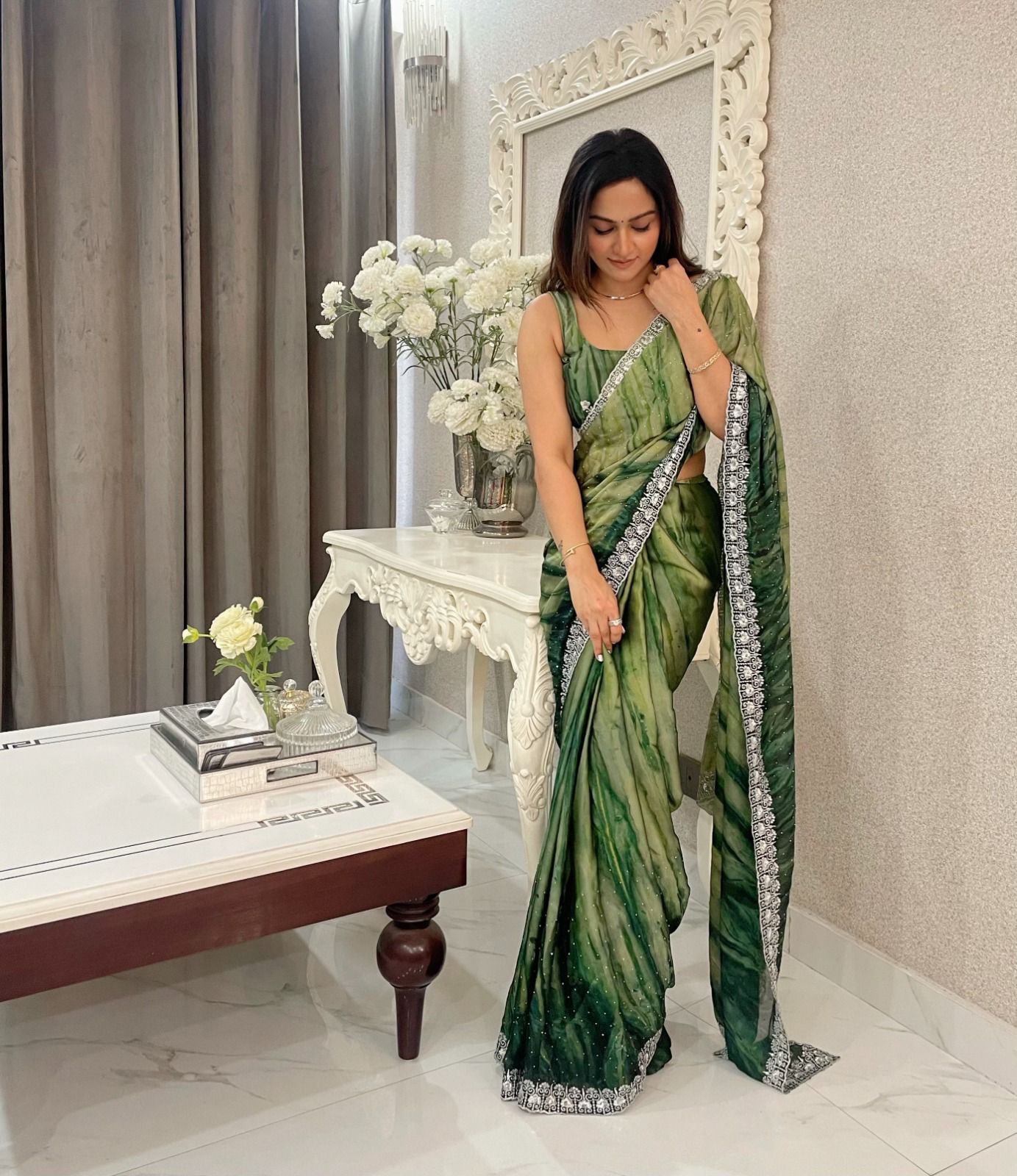 Preferable Rangoli Sequence Work Green Color Saree