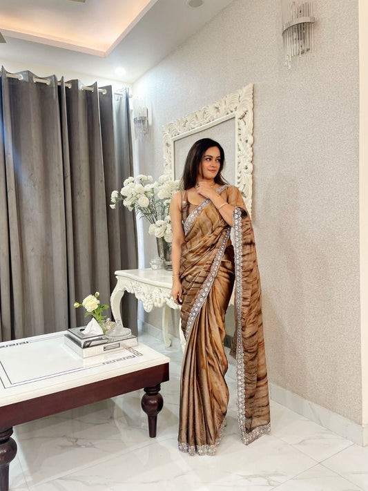 Preferable Rangoli Sequence Work Brown Color Saree