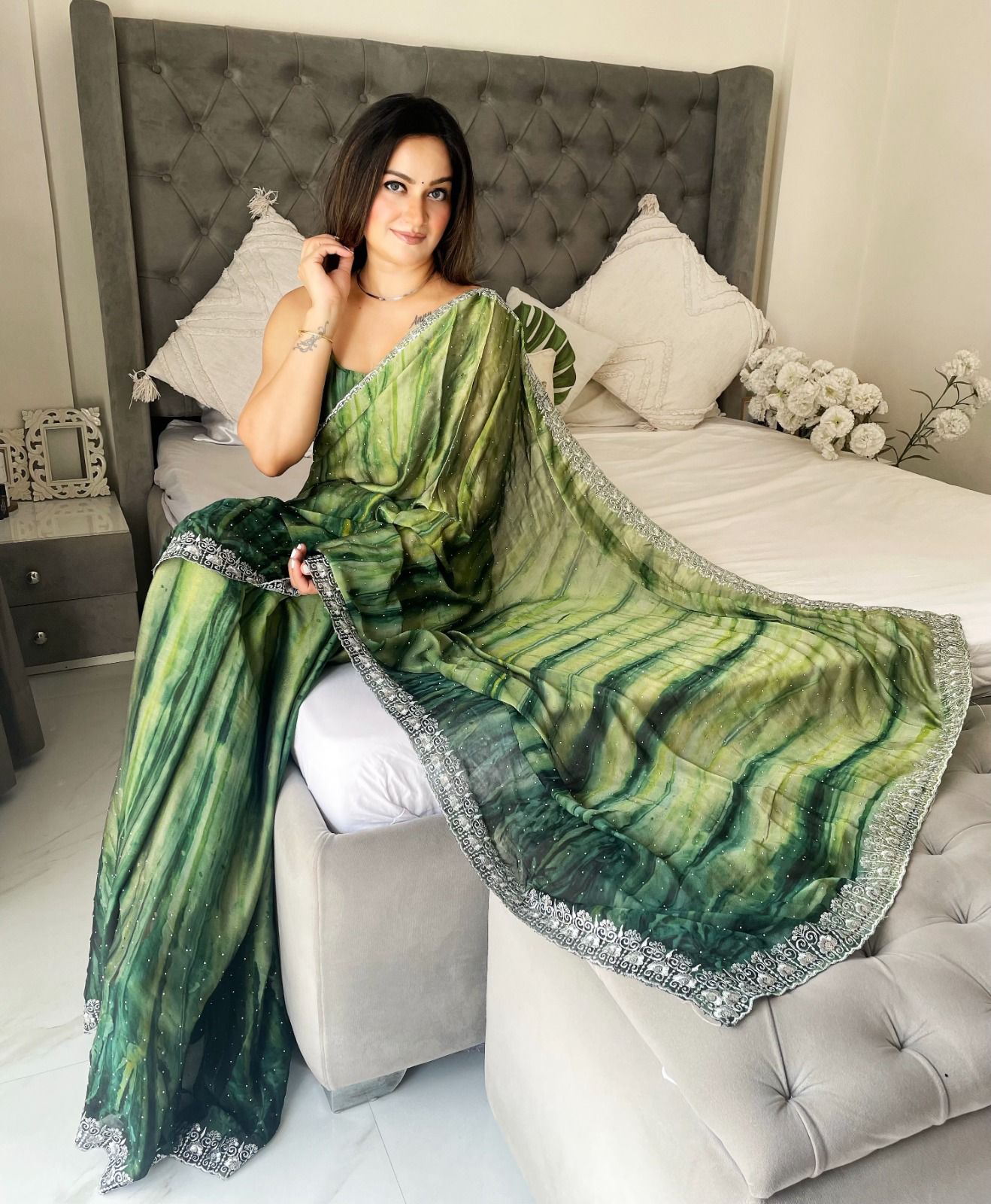 Preferable Rangoli Sequence Work Green Color Saree