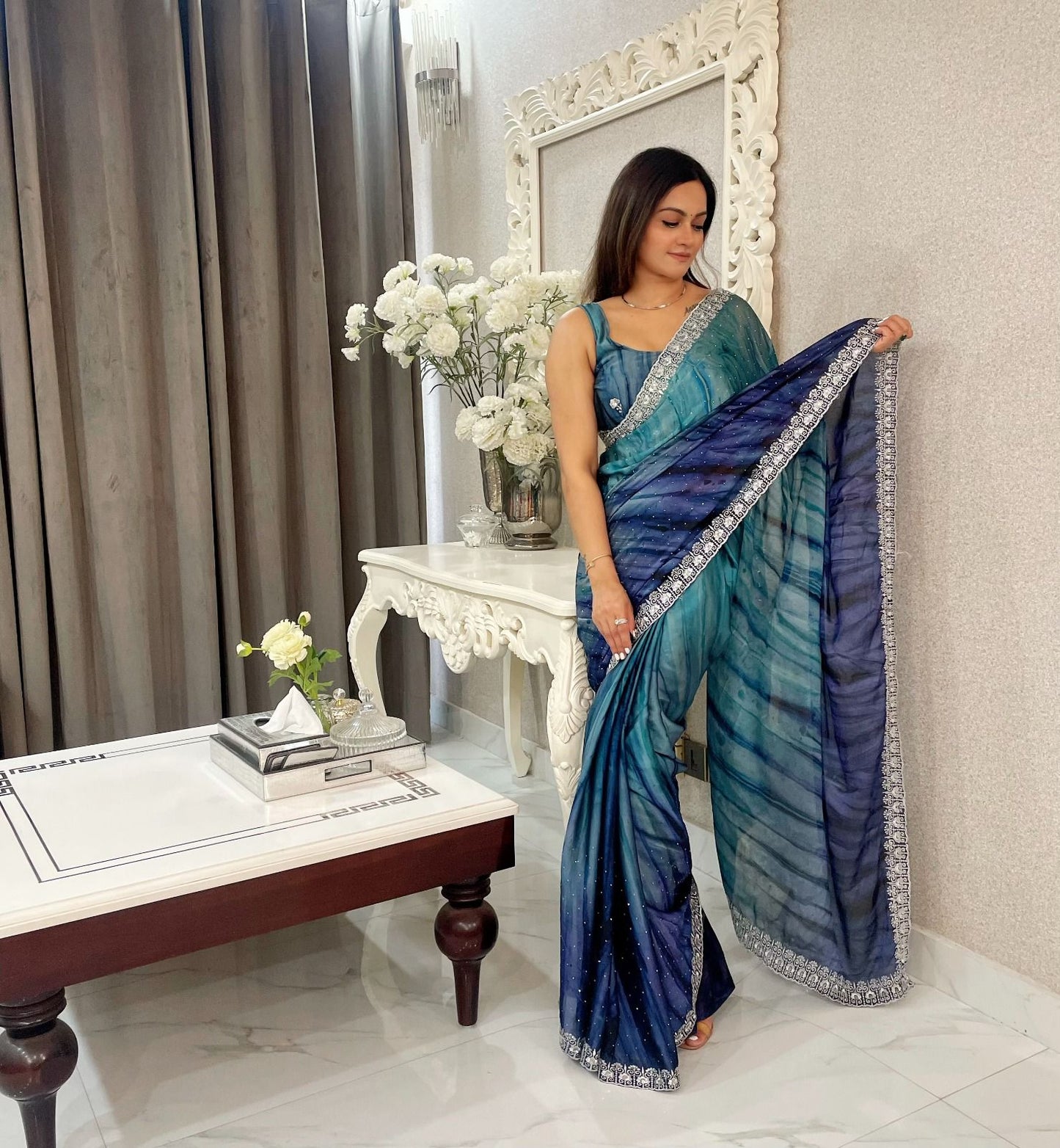 Preferable Rangoli Sequence Work Blue Color Saree