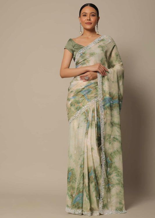 Flattering Georgette Digital Prints Green Color Saree