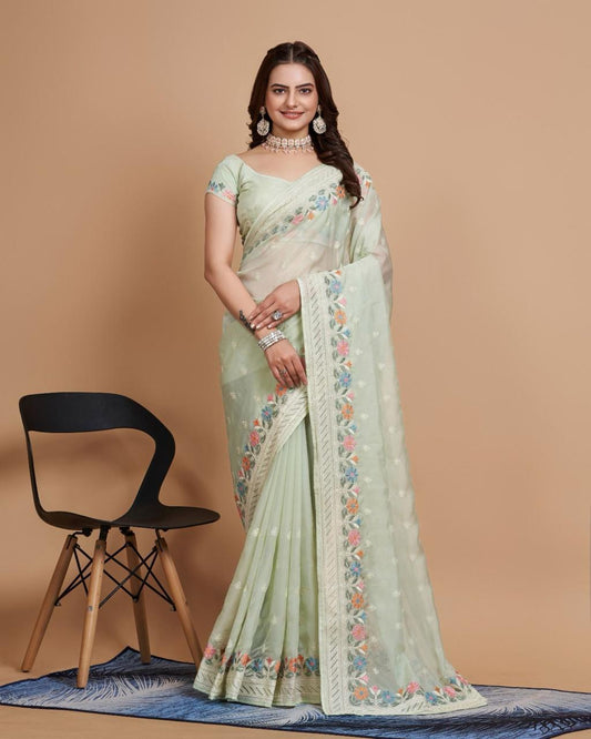 Good Looking Taby Silk Organza Pista Color Saree