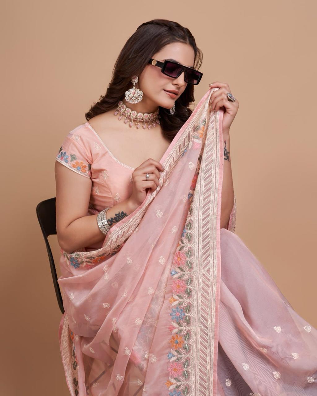 Good Looking Taby Silk Organza Baby Pink Color Saree