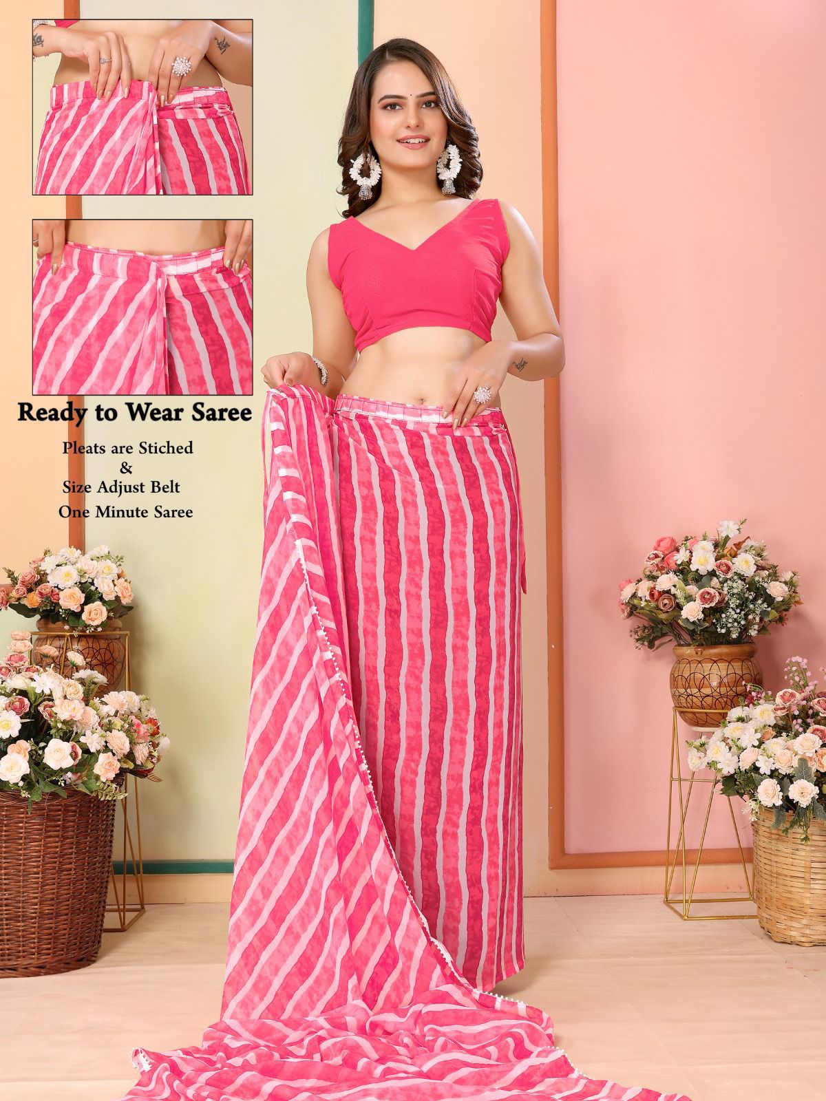 Casual Wear Georgette Pink Color Ready To Wear Sarees