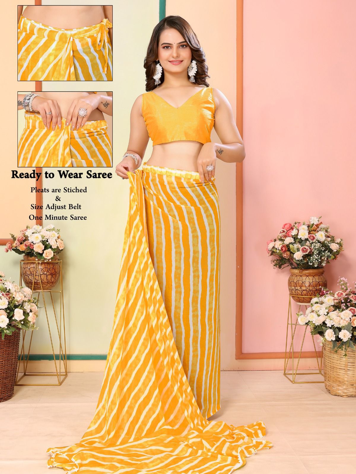 Casual Wear Georgette Yellow Color Ready To Wear Sarees