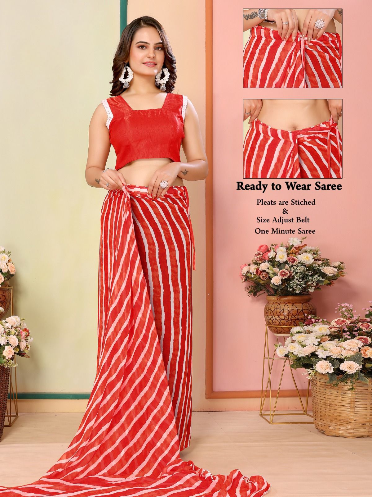 Casual Wear Georgette Red Color Ready To Wear Sarees