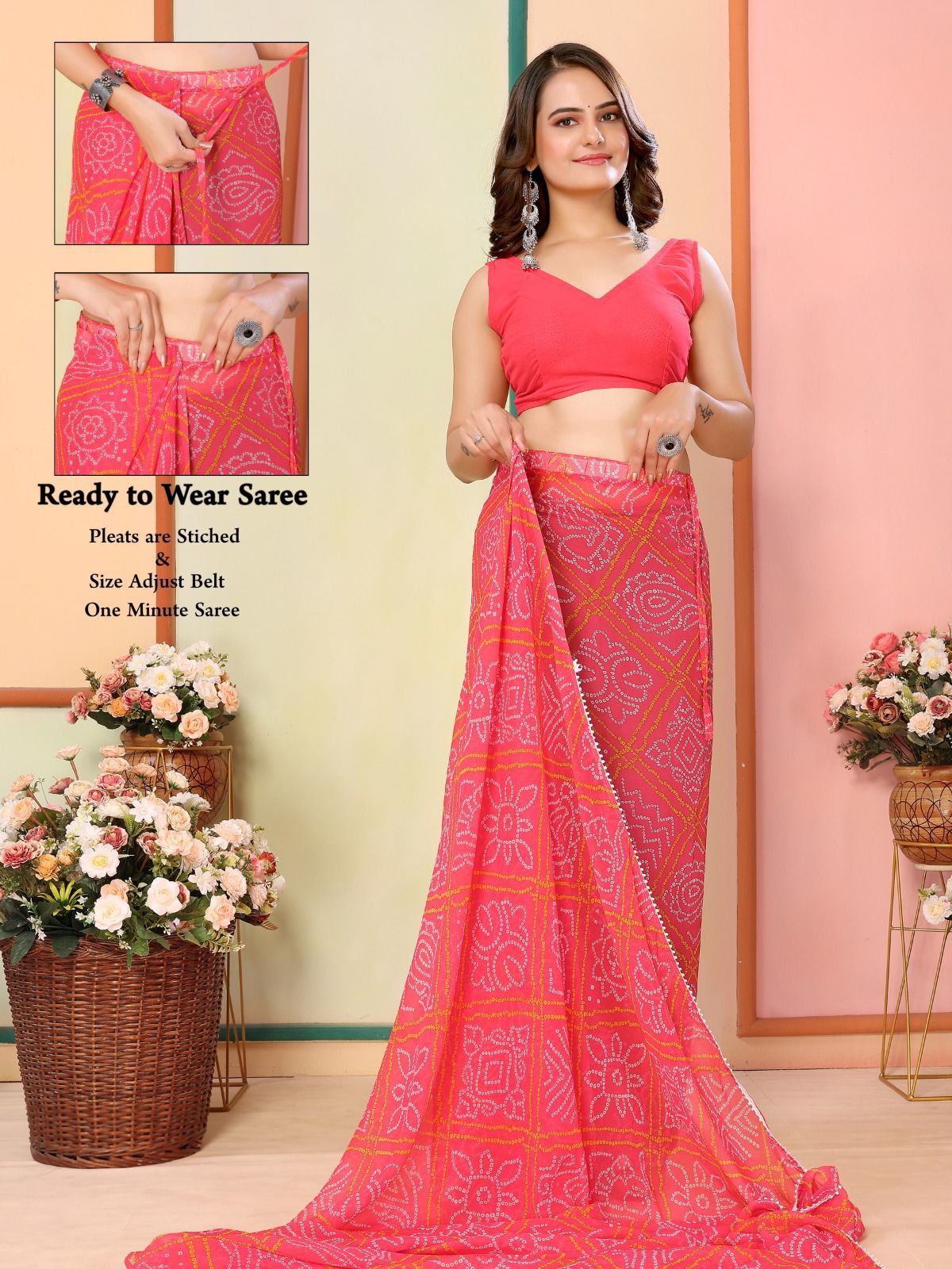 Casual Wear Georgette Pink Color Ready To Wear Sarees