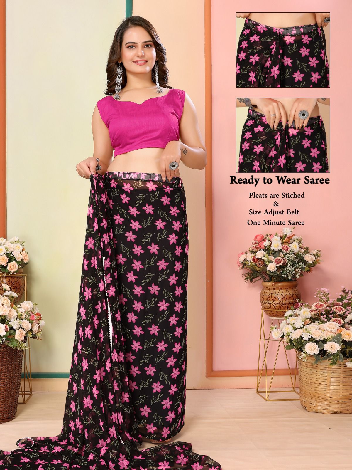 Casual Wear Georgette Black Color Ready To Wear Sarees