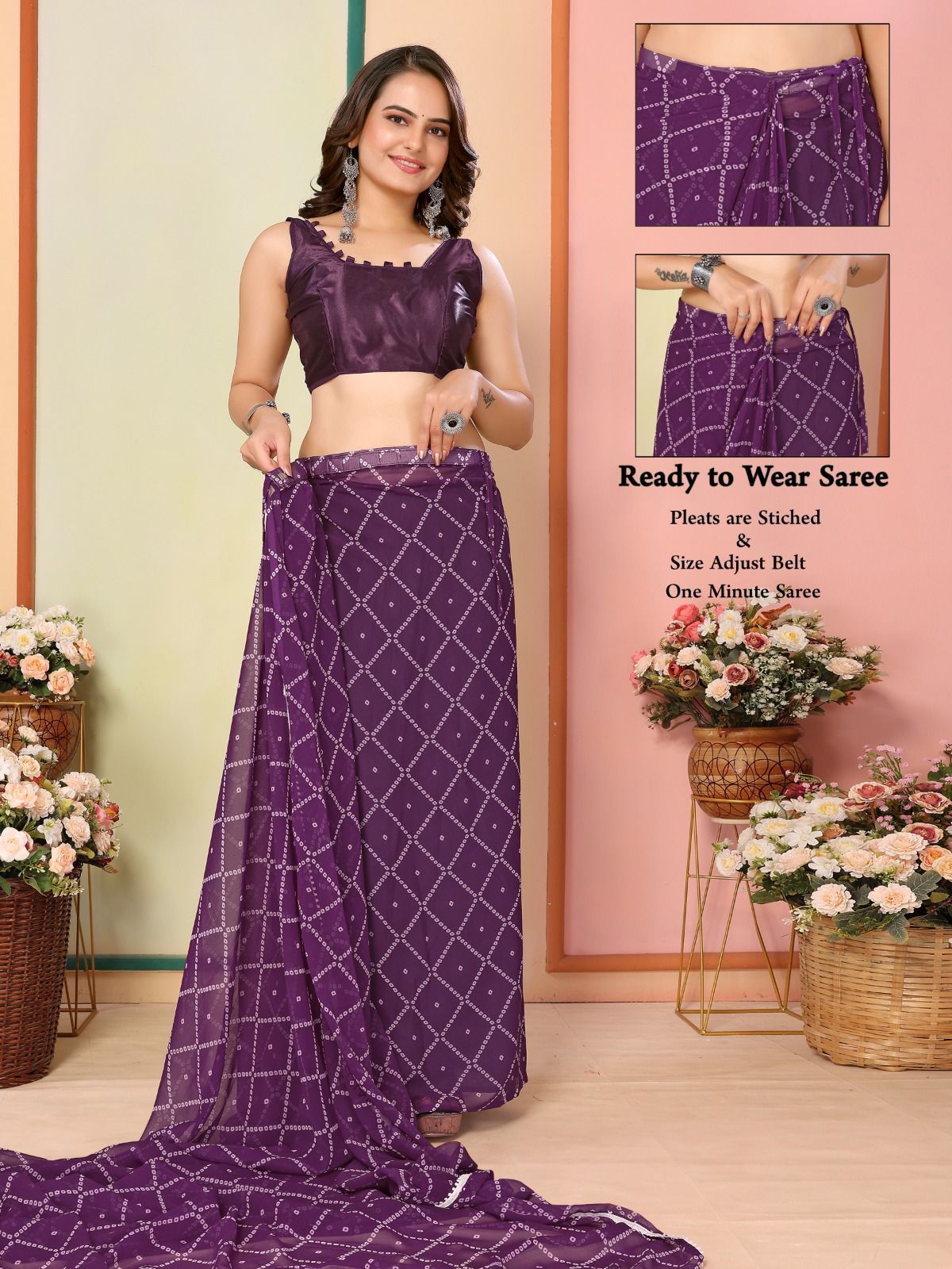 Casual Wear Georgette Wine Color Ready To Wear Sarees