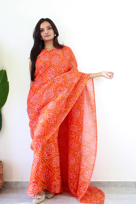 Beautiful Georgette Orange Color Gown With Saree