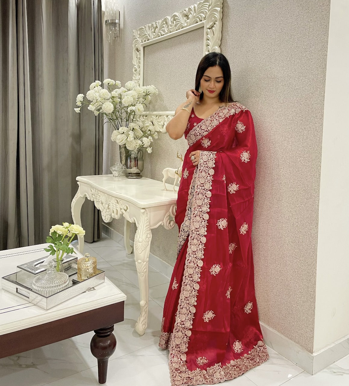 Preferable Red Color Jimmy Chu Heavy Border Saree