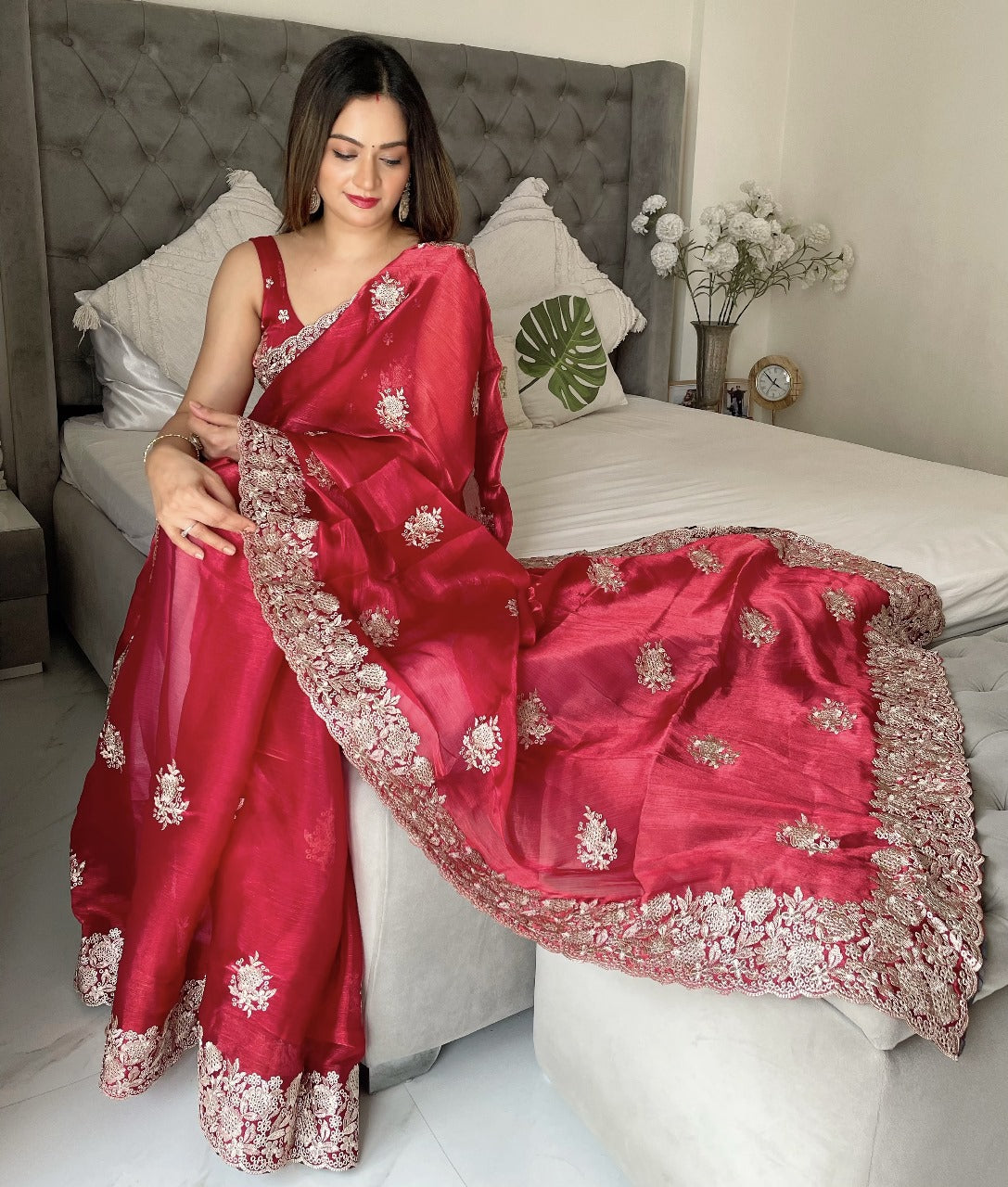 Preferable Red Color Jimmy Chu Heavy Border Saree