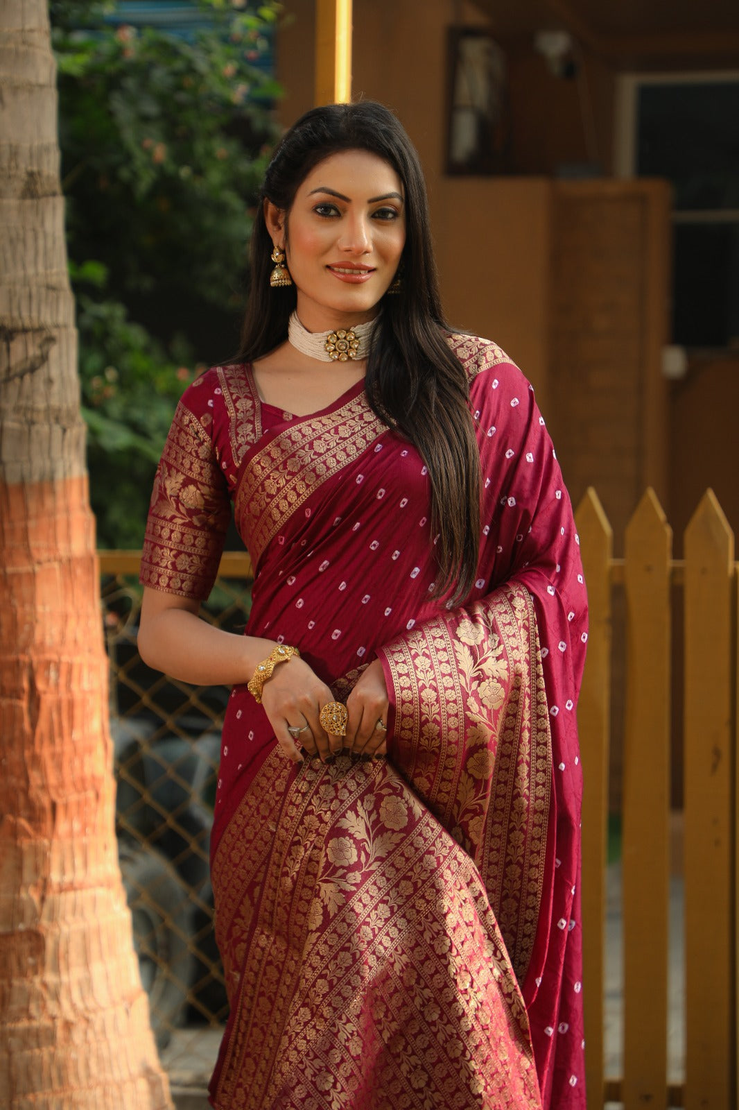 Wonderful Maroon Color Bandhej Kanjivaram Silk Saree