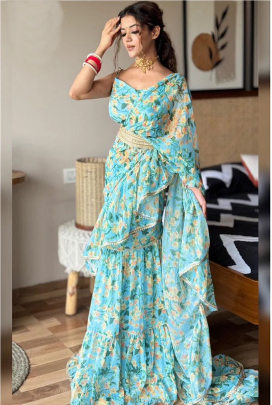 Fabulous Georgette Sky Blue Color Saree