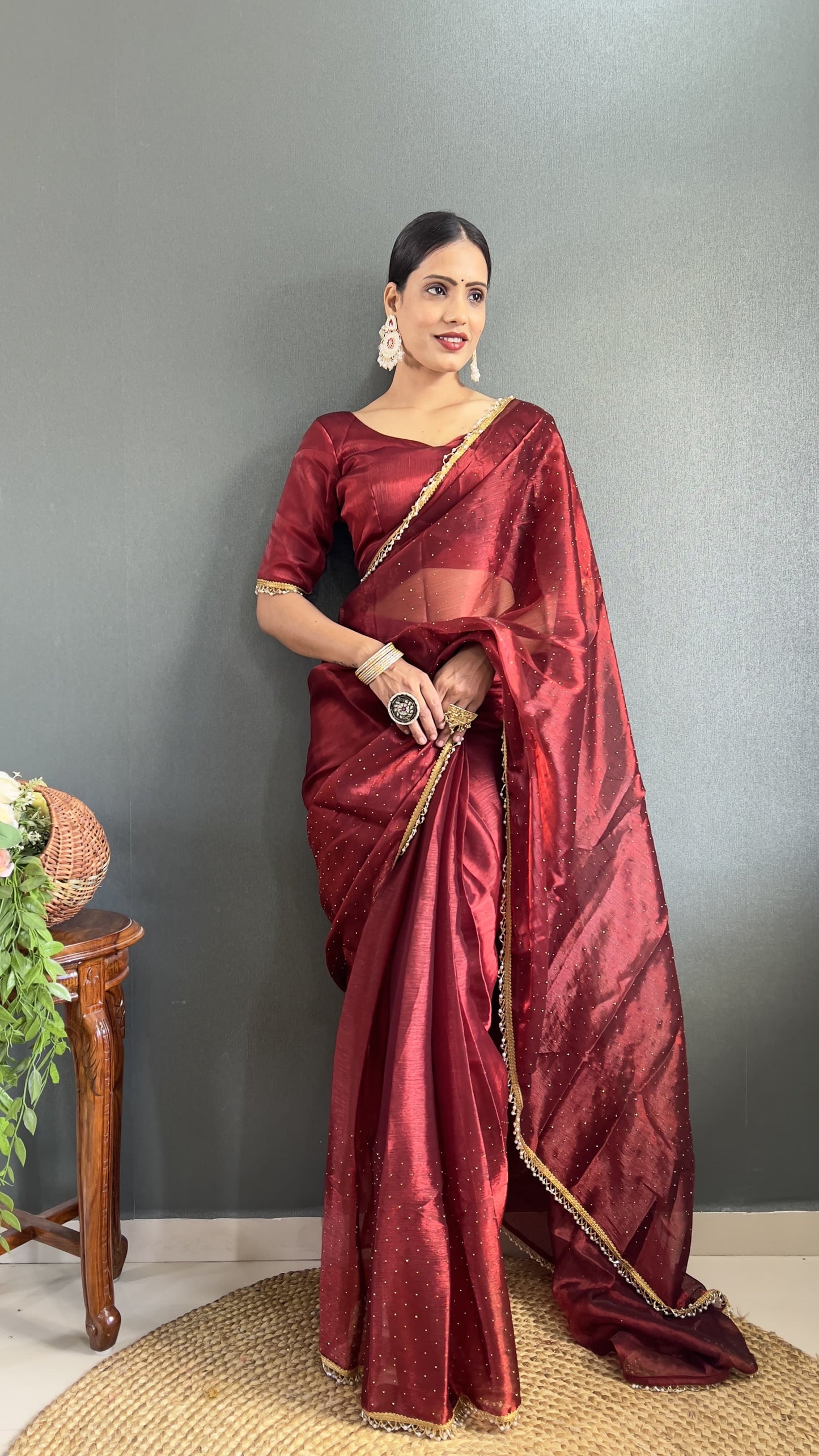 Glimmering Burburry Silk Red Color Saree