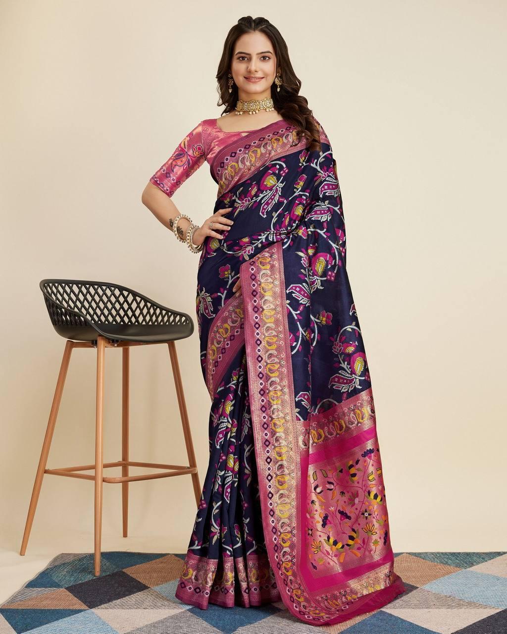 Fashionable Black & Pink Color Soft Patola Silk Saree