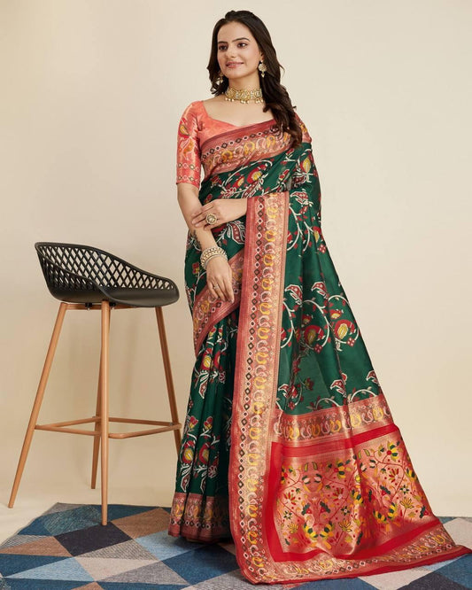 Fashionable Green & Red Color Soft Patola Silk Saree