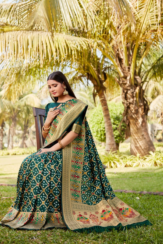 Delightful Green Color Gharchola Bandhej Silk Saree