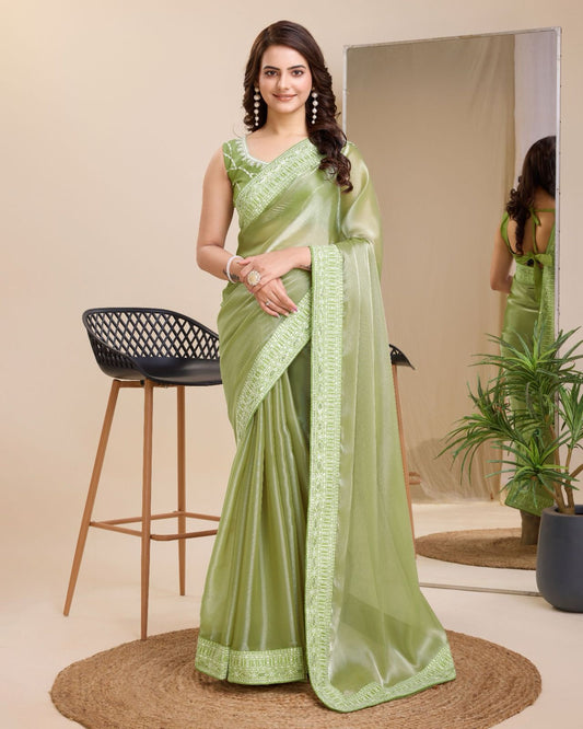 Unique Perrot Green Color Organza Saree