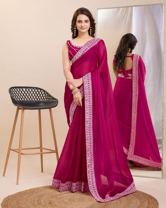 Unique Dark Pink Color Organza Saree