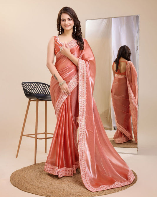 Unique Orange Color Organza Saree