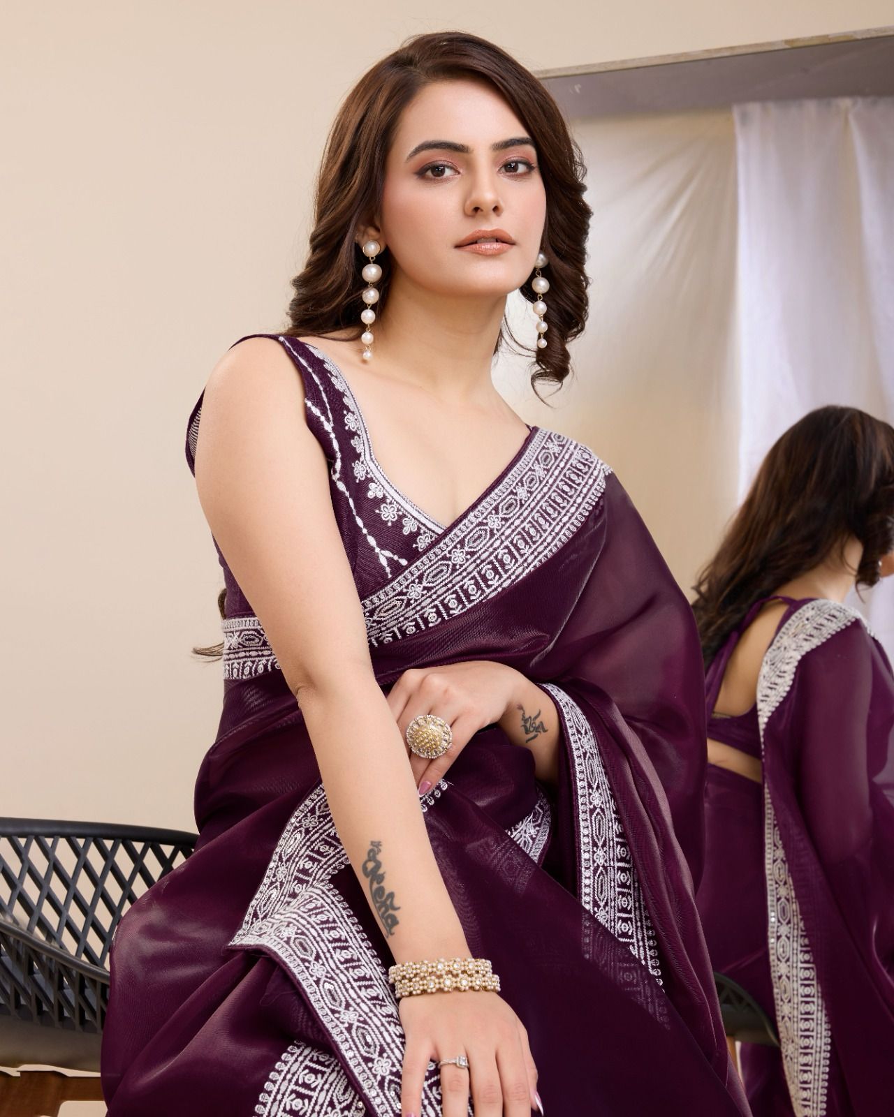 Unique Wine Color Organza Saree