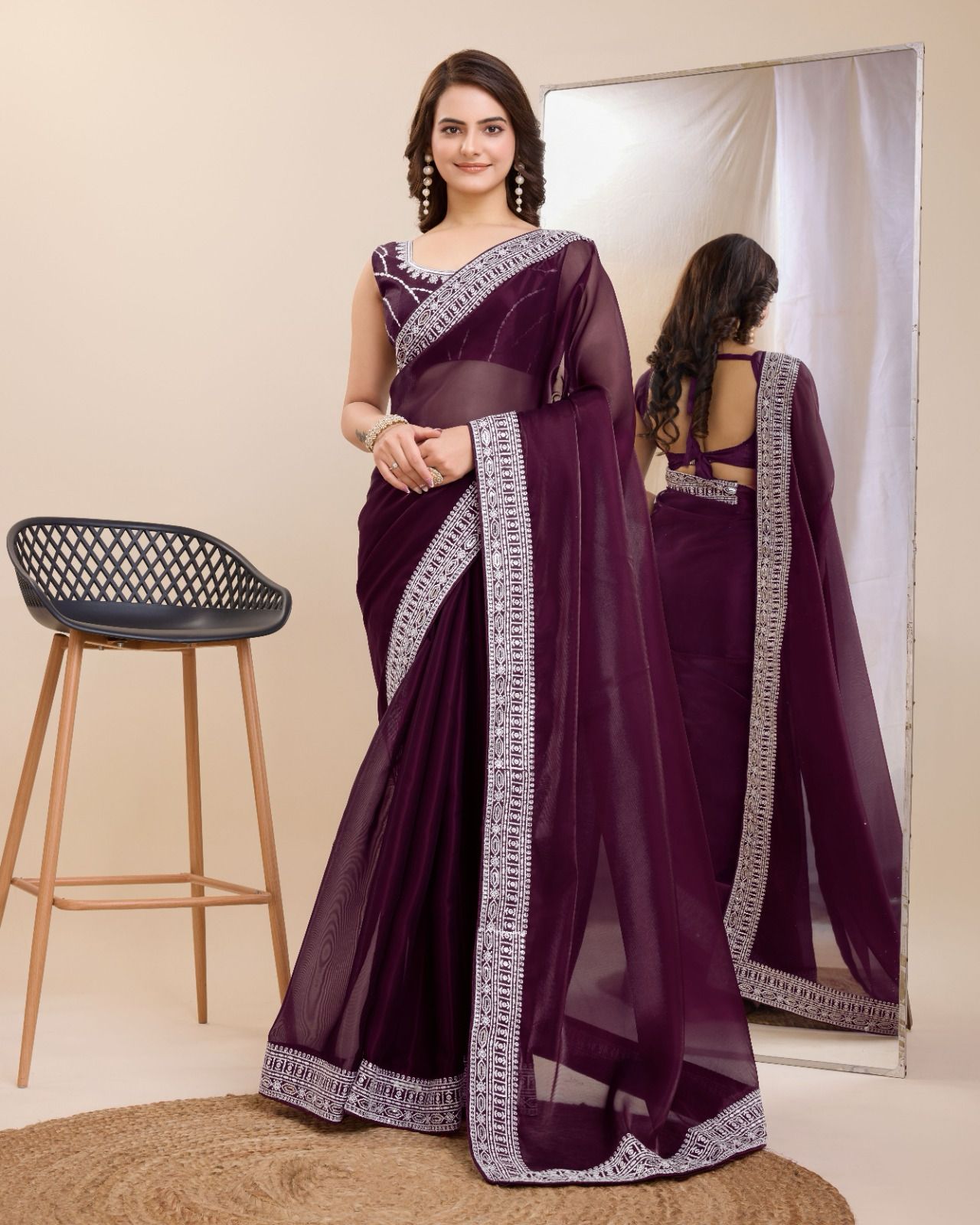 Unique Wine Color Organza Saree