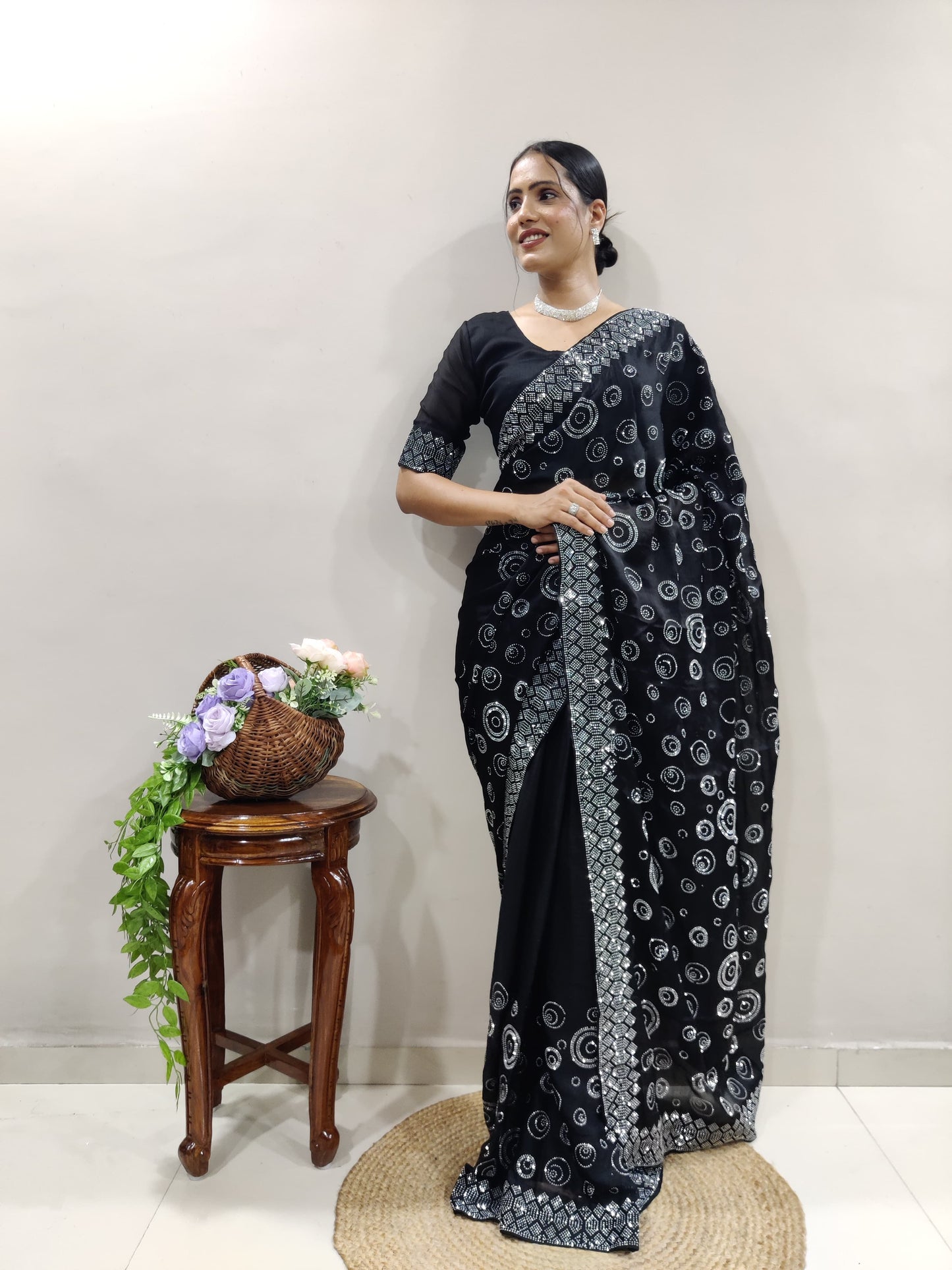 Fashionable Chiffon Satin Black Color Saree