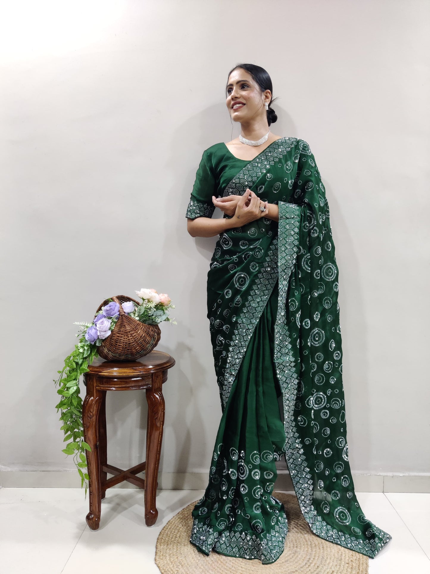 Fashionable Chiffon Satin Green Color Saree