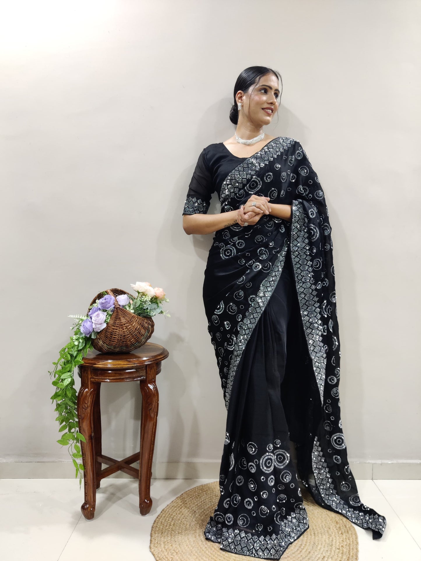 Fashionable Chiffon Satin Black Color Saree