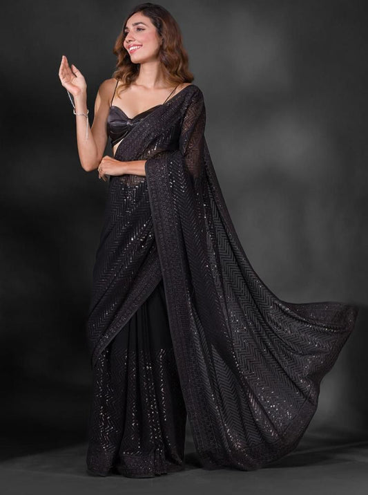 Reception Wear Sequence Embroidery Work Black Color Saree