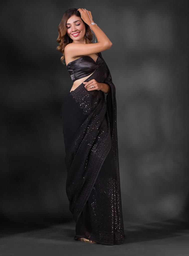 Reception Wear Sequence Embroidery Work Black Color Saree