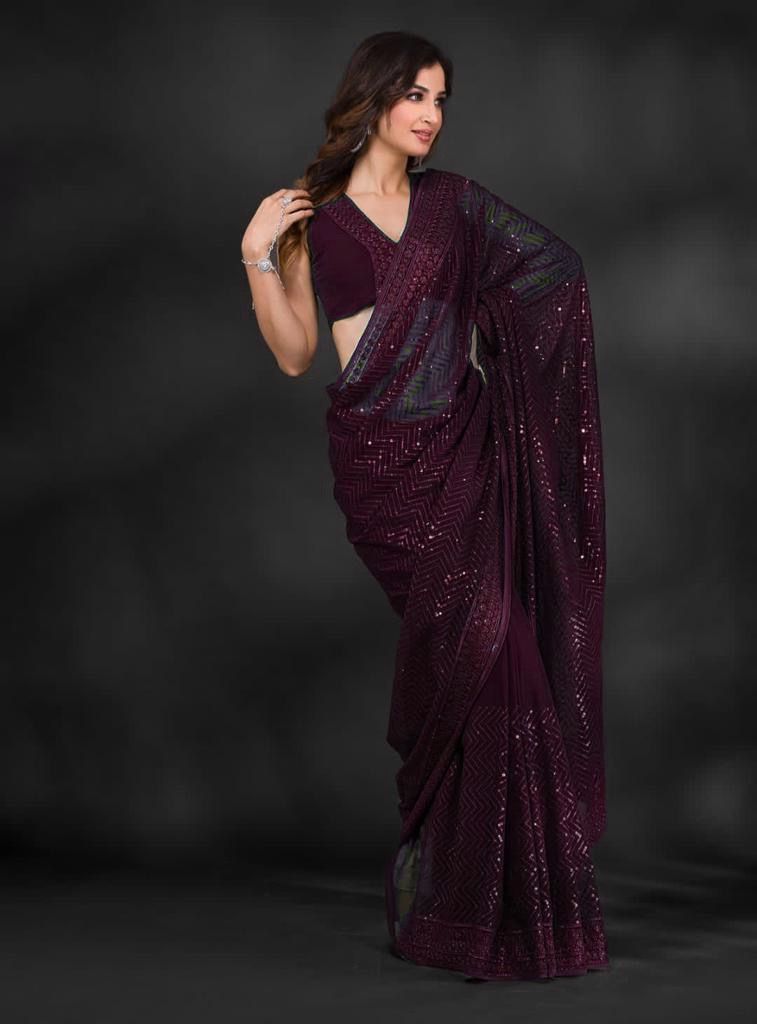 Reception Wear Sequence Embroidery Work Wine Color Saree