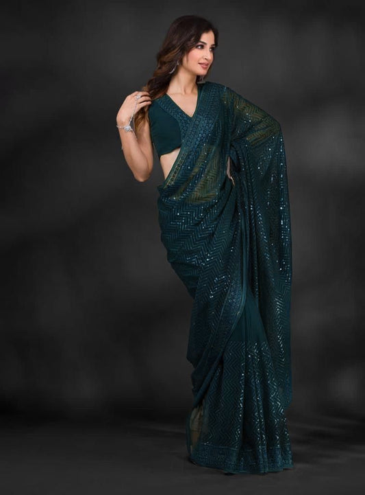 Reception Wear Sequence Embroidery Work Teal Green Color Saree