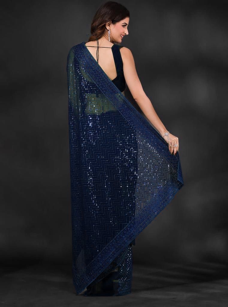 Reception Wear Sequence Embroidery Work Blue Color Saree