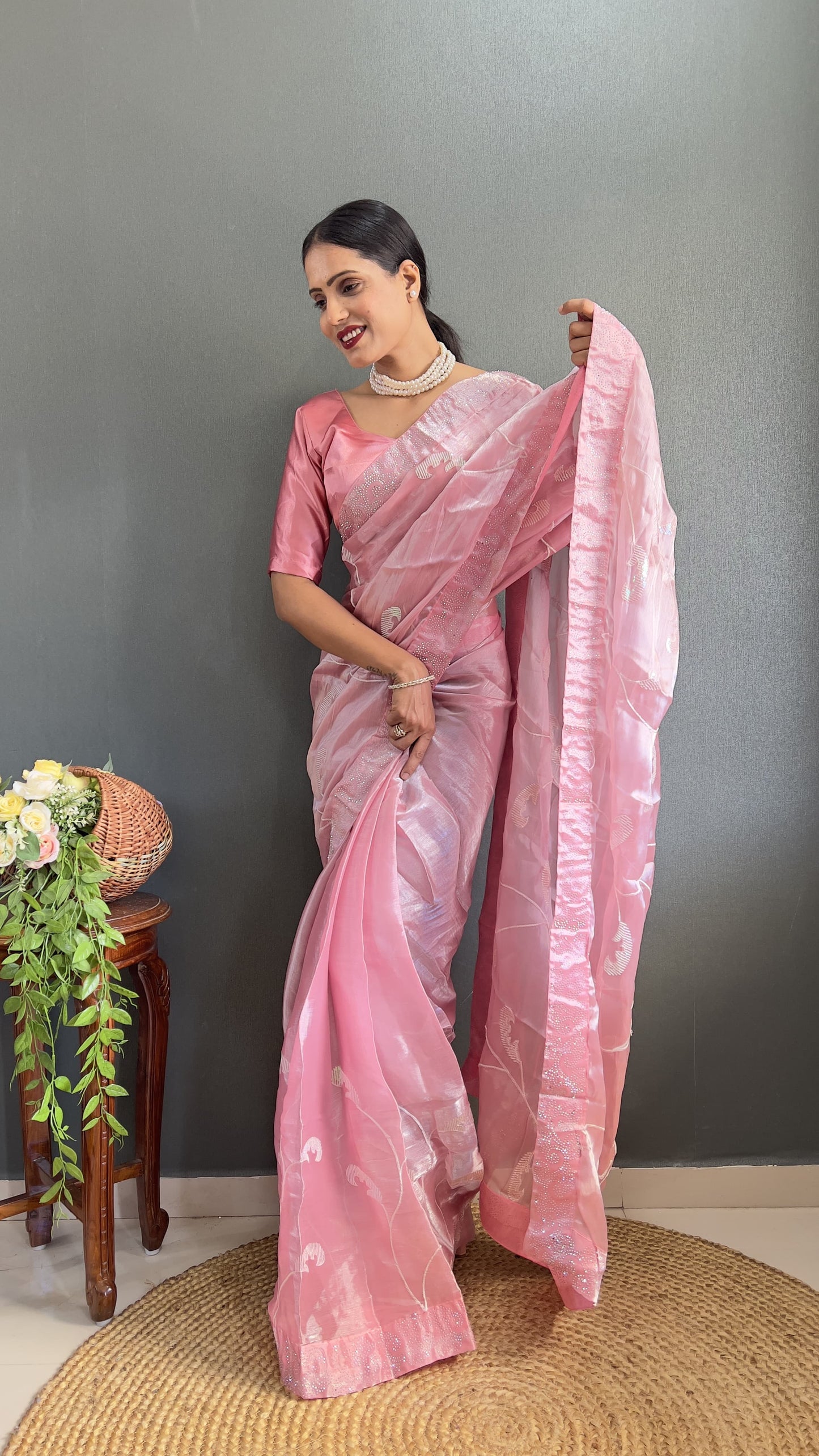 Glimmering Pink Color Embroidery Work Burbury Silk Saree