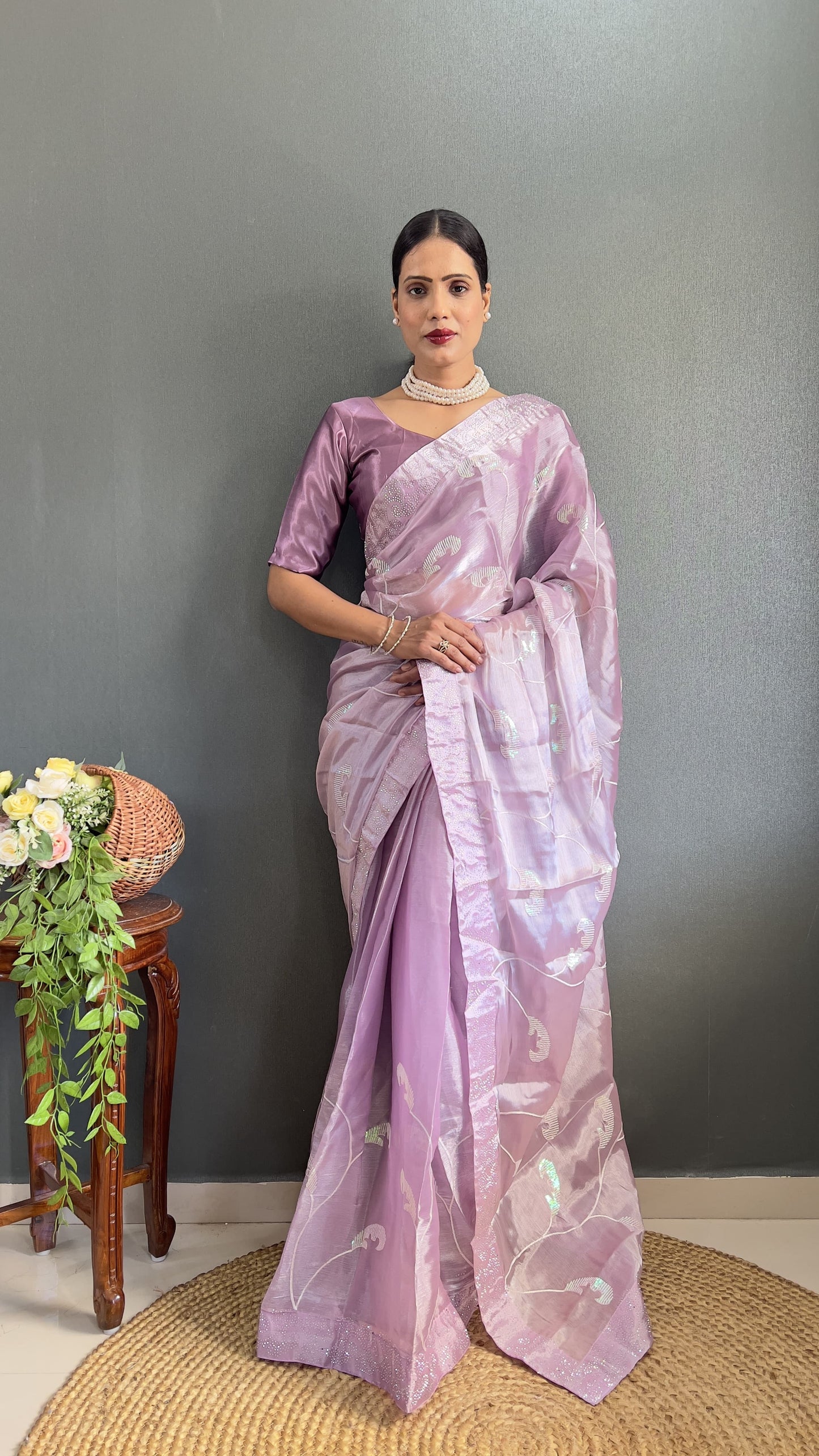 Glimmering Purple Color Embroidery Work Burbury Silk Saree